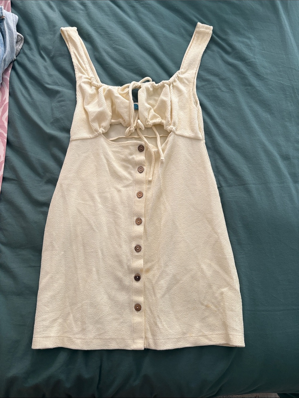 Cream Button-Front Knit Crop Top Dress with Tie Bust